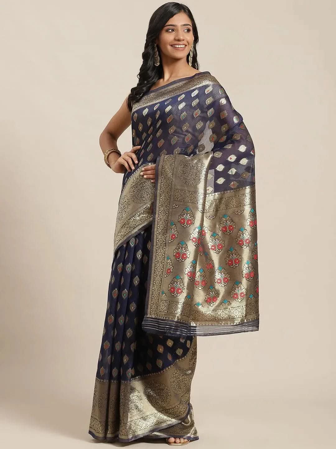 Blue Woven Design Brocade Saree - Libas