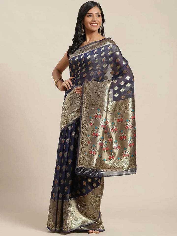 Blue Woven Design Brocade Saree - Libas