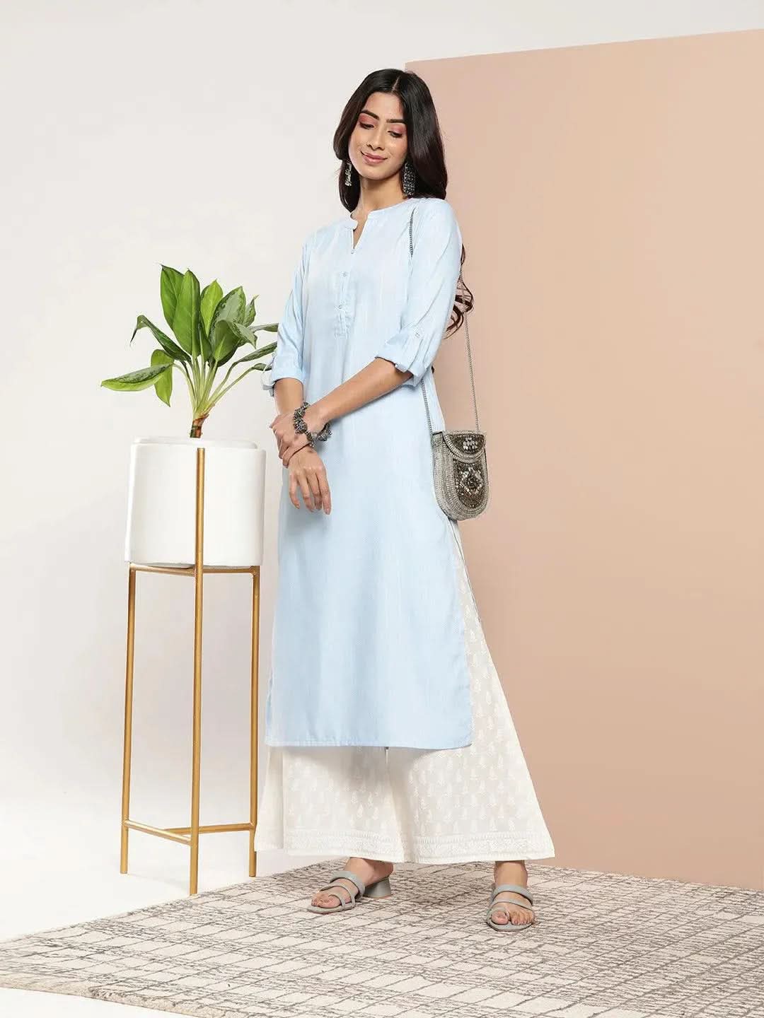 Blue Woven Design Cotton Straight Kurta - Libas
