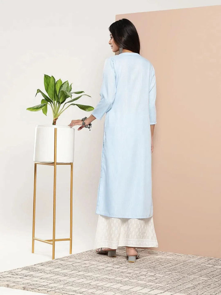 Blue Woven Design Cotton Straight Kurta - Libas