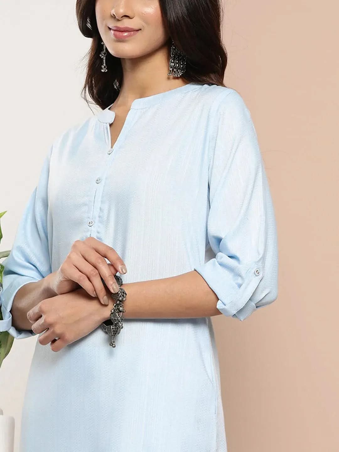 Blue Woven Design Cotton Straight Kurta - Libas