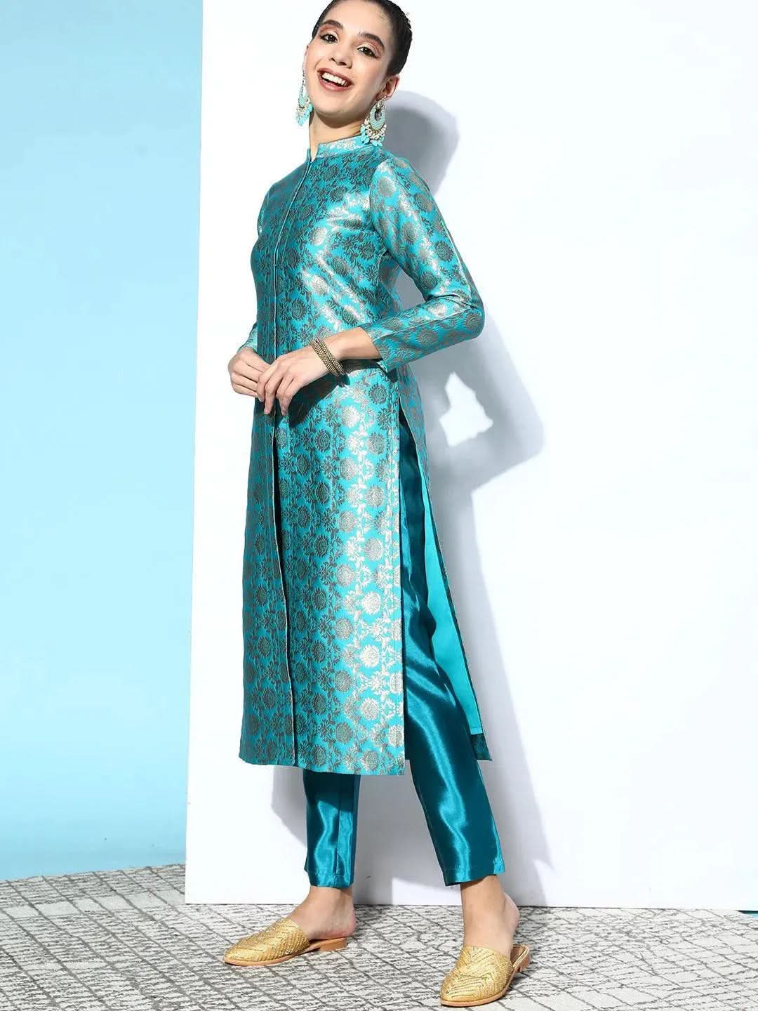 Blue Woven Design Silk Blend Straight Suit Set - Libas