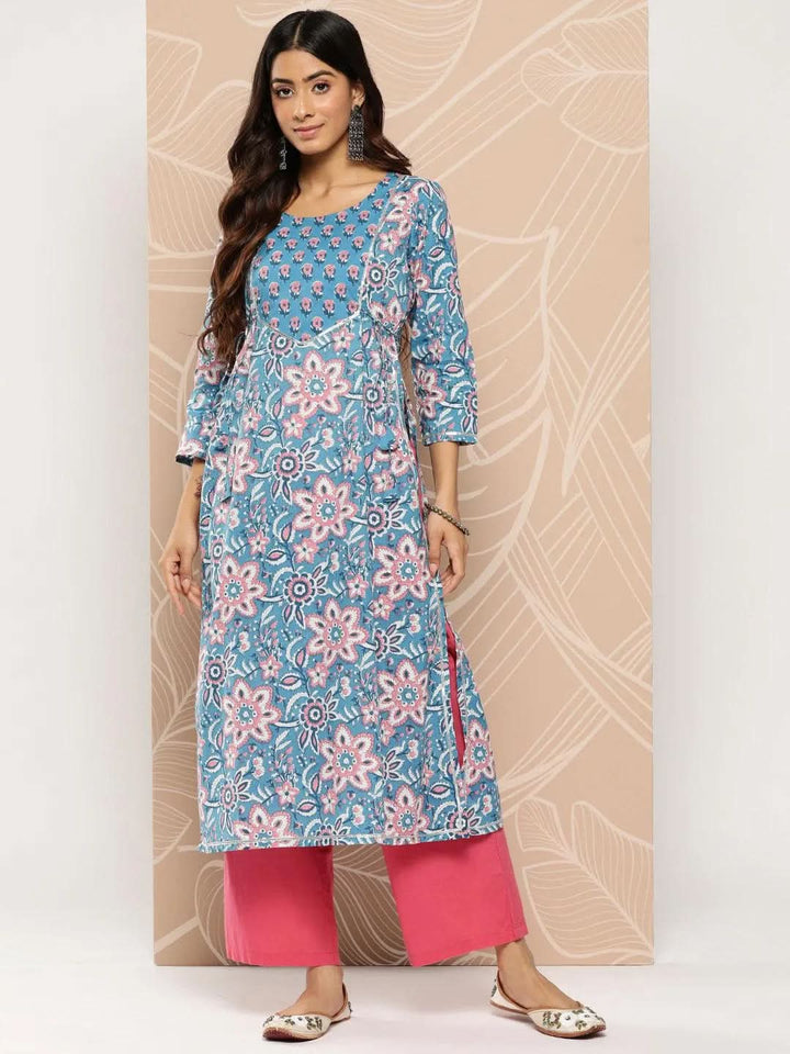 Blue Yoke Design Cotton A-Line Kurta - Libas