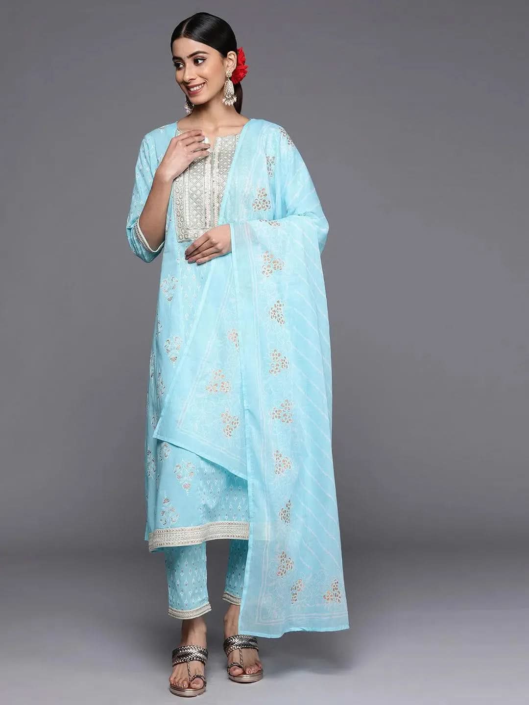 Blue Yoke Design Cotton A-Line Suit Set With Trousers - Libas