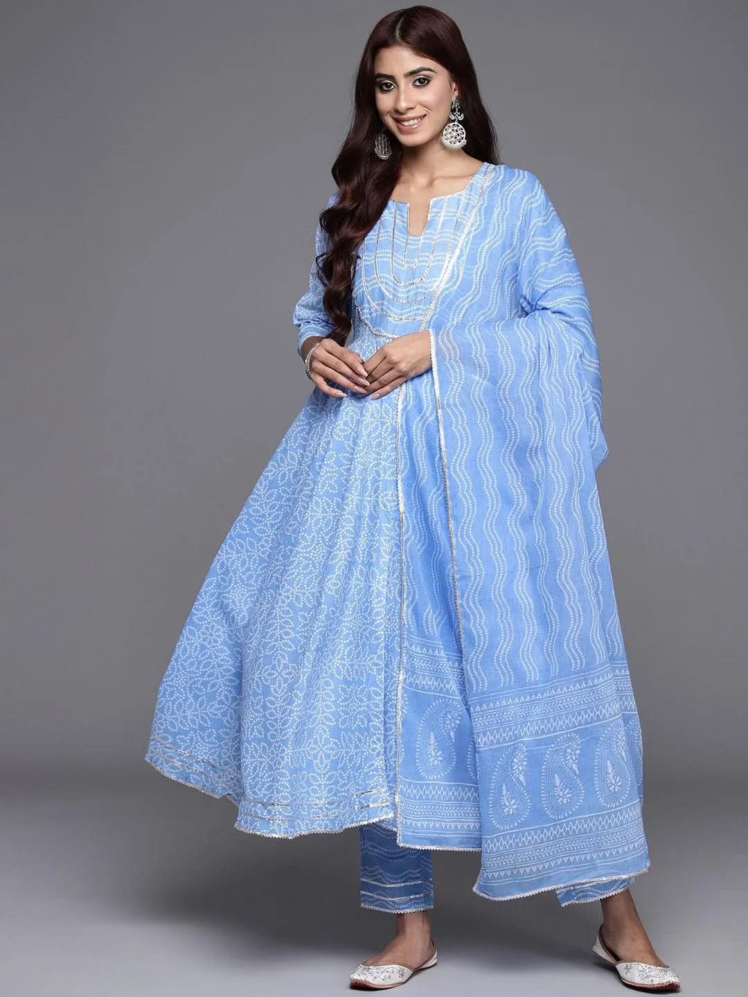 Blue Yoke Design Cotton Anarkali Kurta With Trousers & Dupatta - Libas