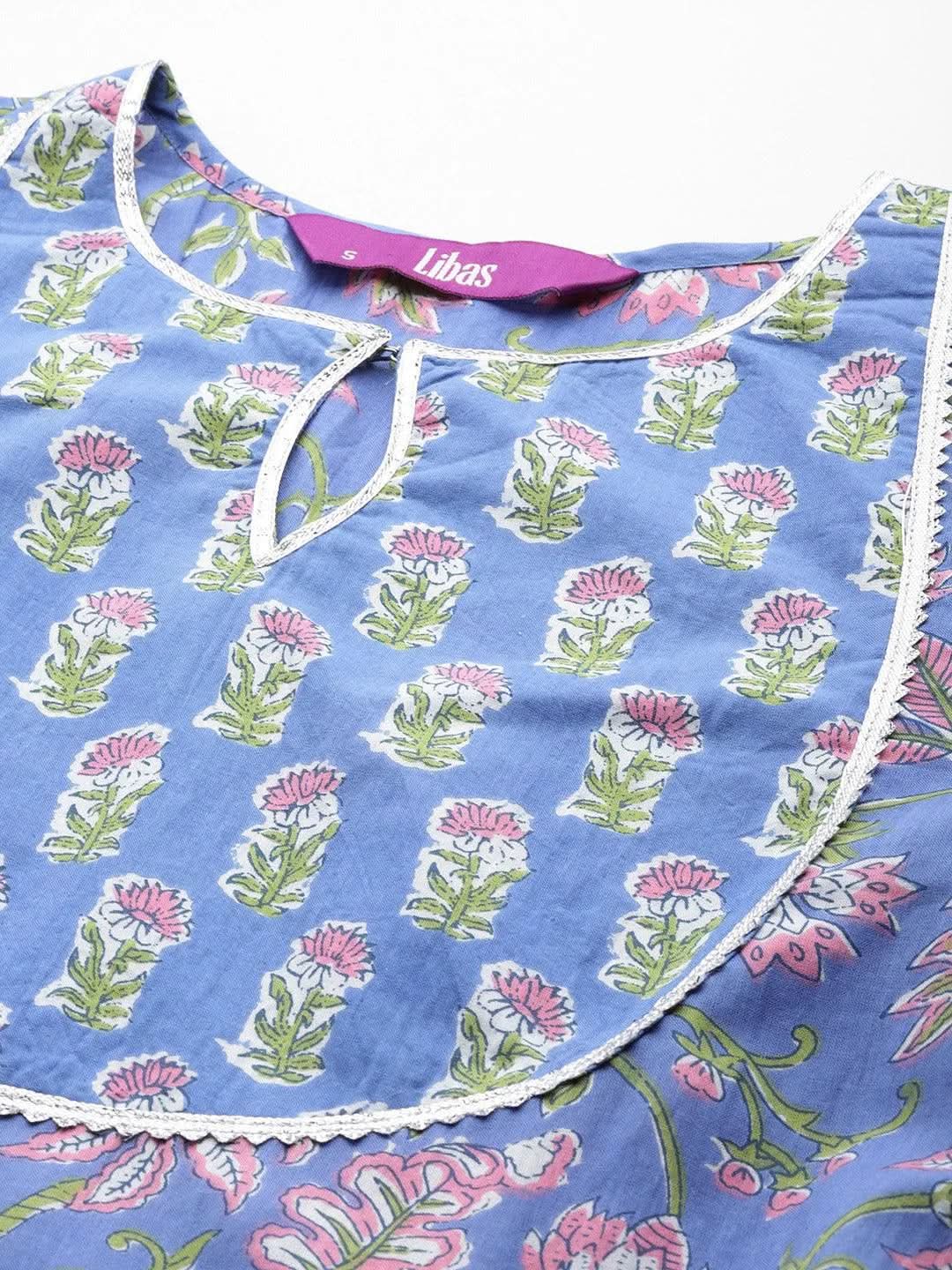 Blue Yoke Design Cotton Anarkali Kurta With Trousers & Dupatta - Libas