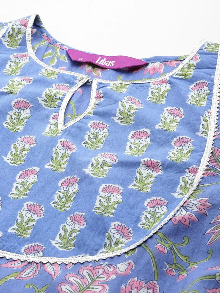 Blue Yoke Design Cotton Anarkali Kurta With Trousers & Dupatta - Libas