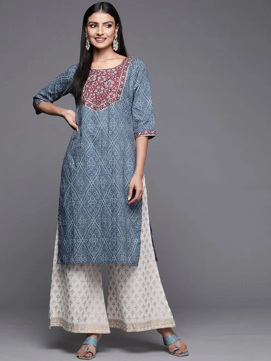 Blue Yoke Design Cotton Straight Kurta - Libas