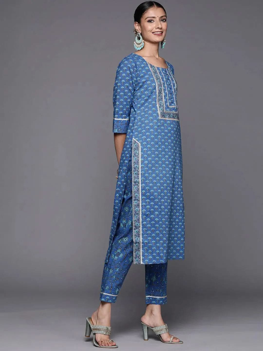 Blue Yoke Design Cotton Straight Suit Set - Libas