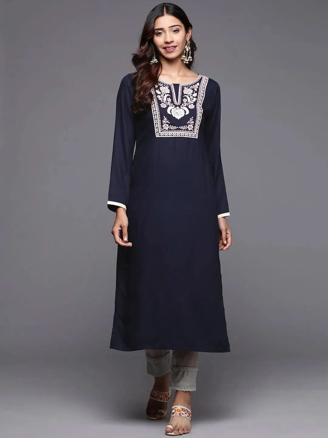 Blue Yoke Design Pashmina Wool Straight Kurta - Libas