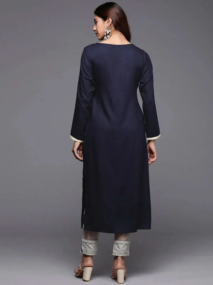 Blue Yoke Design Pashmina Wool Straight Kurta - Libas