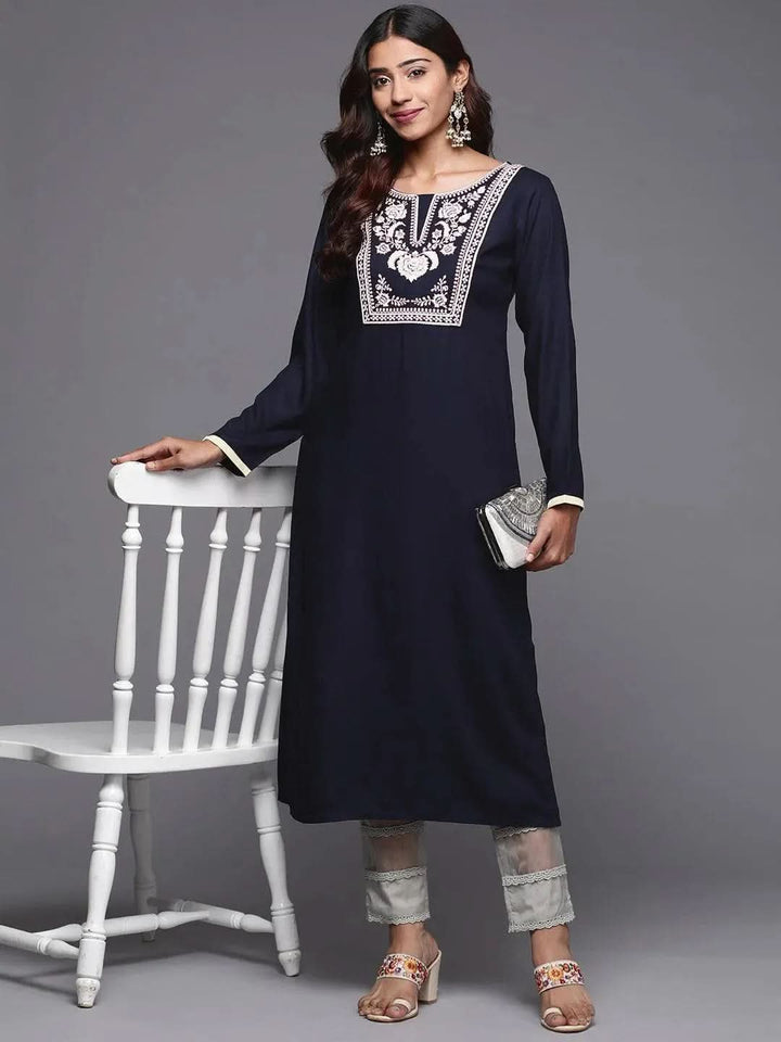Blue Yoke Design Pashmina Wool Straight Kurta - Libas