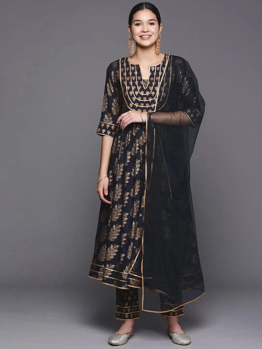 Blue Yoke Design Rayon Anarkali Suit Set With Trousers - Libas