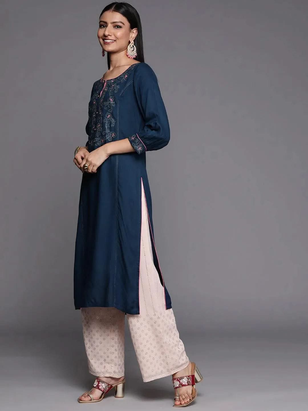 Blue Yoke Design Rayon Straight Kurta - Libas