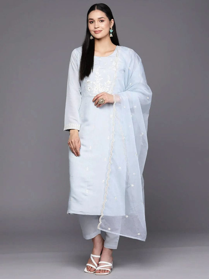 Blue Yoke Design Silk Blend Straight Suit Set With Trousers - Libas