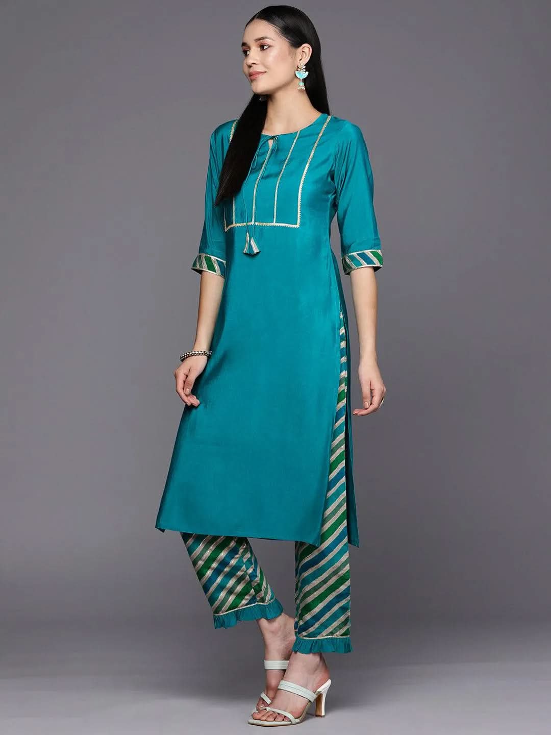 Blue Yoke Design Silk Blend Straight Suit Set With Trousers - Libas