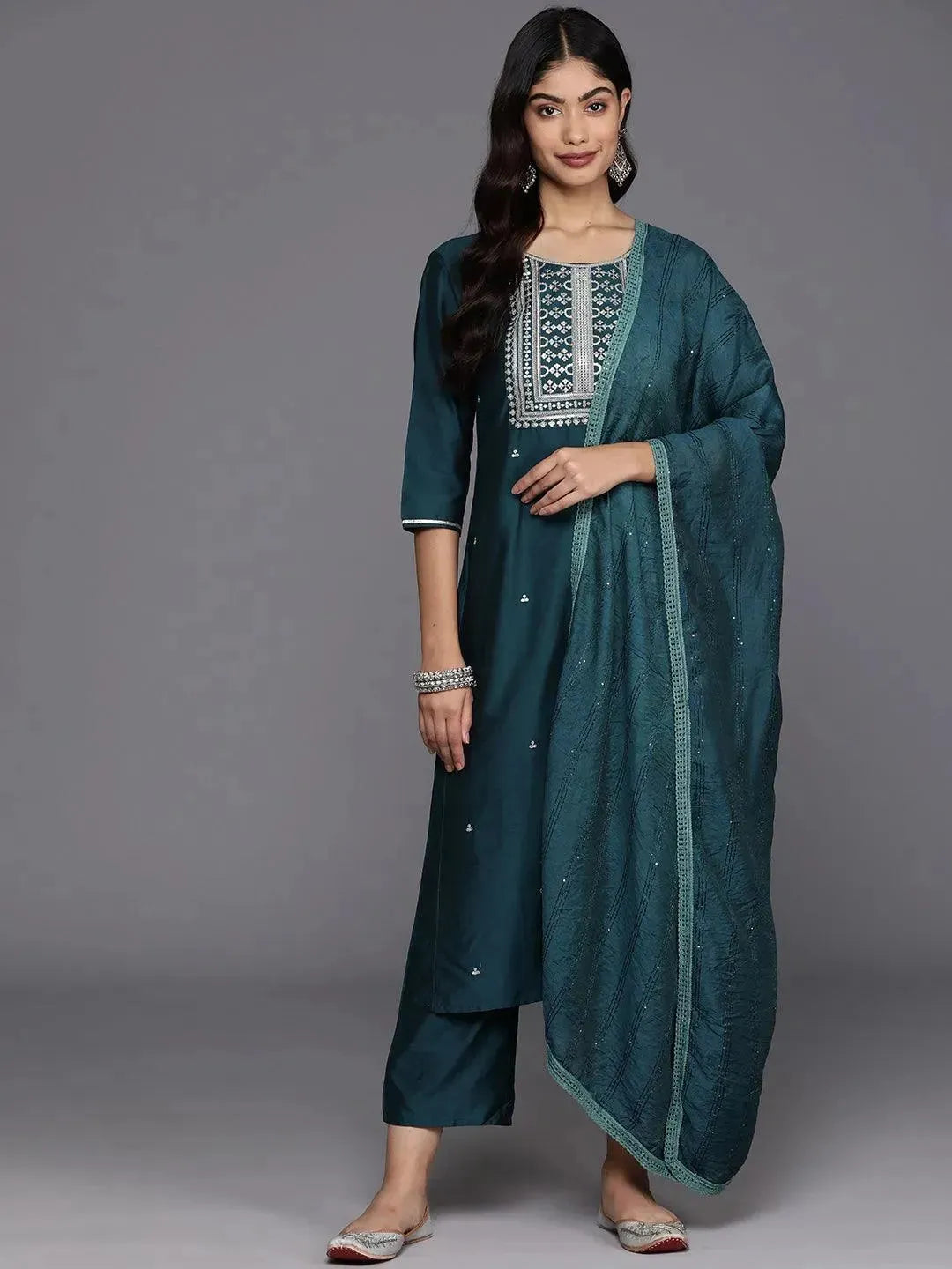 Blue Yoke Design Silk Blend Straight Suit With Dupatta