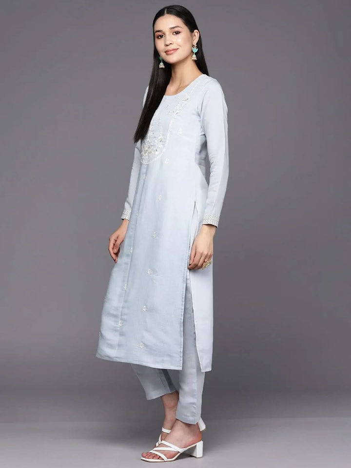 Blue Yoke Design Silk Blend Straight Suit Set With Trousers - Libas