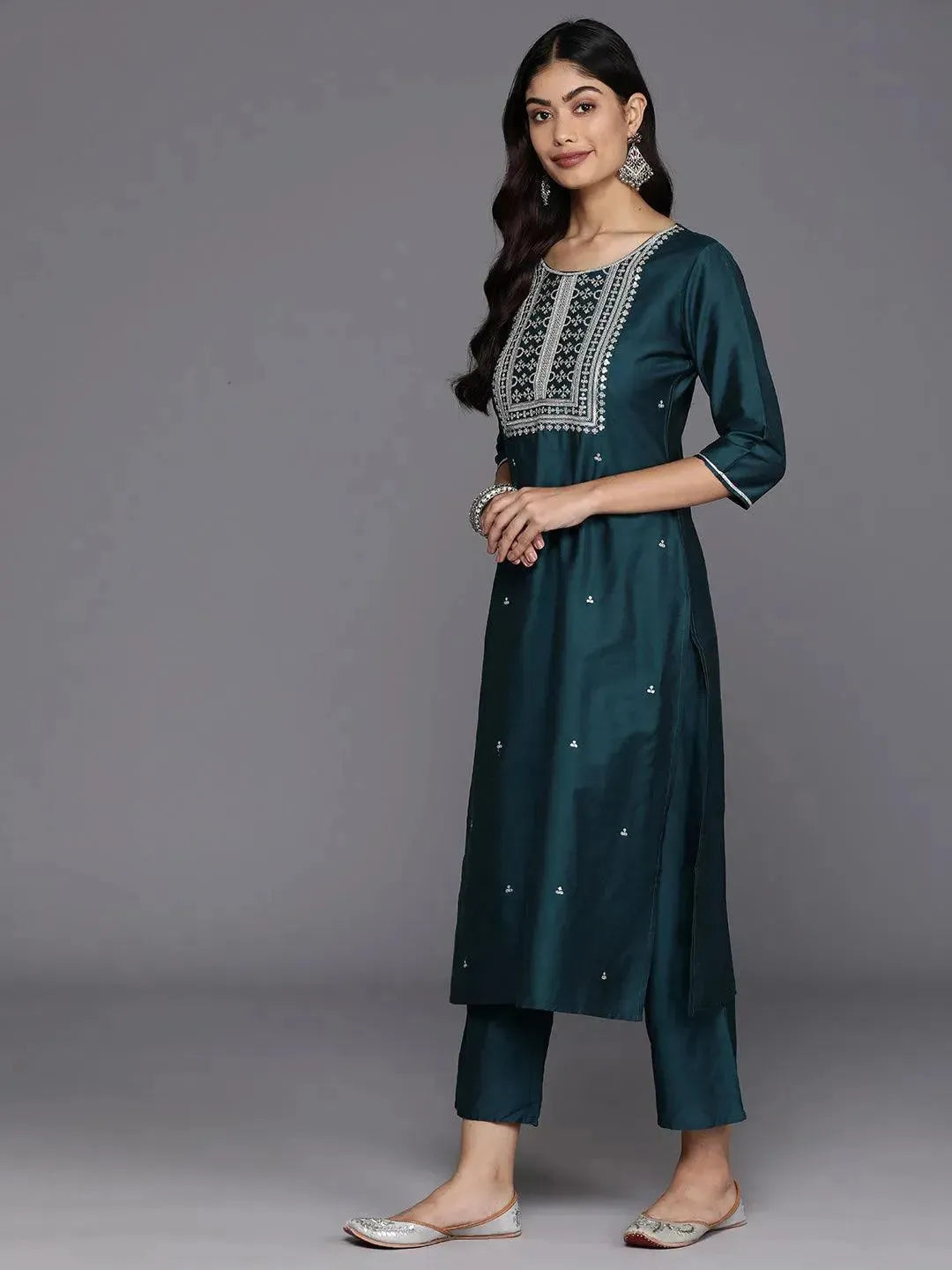 Blue Yoke Design Silk Blend Straight Suit With Dupatta