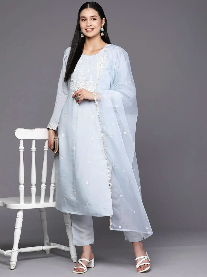 Blue Yoke Design Silk Blend Straight Suit Set With Trousers - Libas