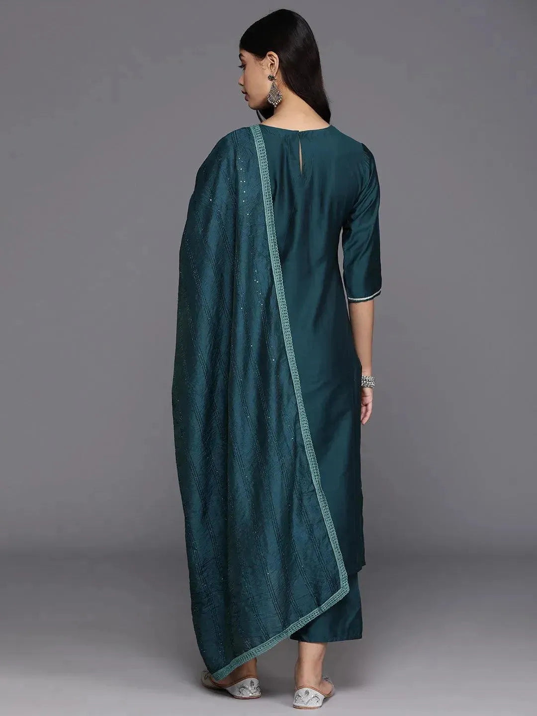 Blue Yoke Design Silk Blend Straight Suit With Dupatta
