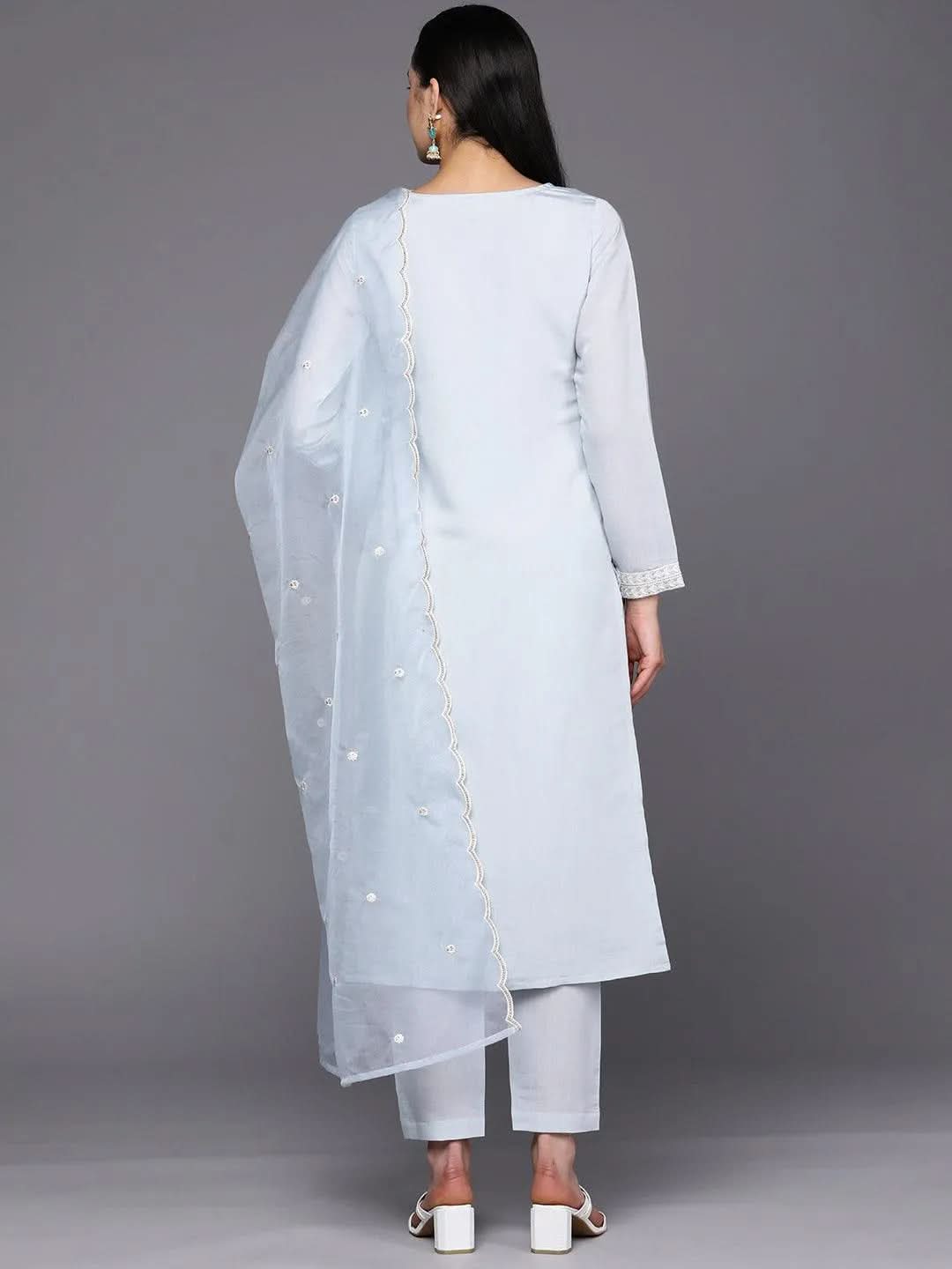 Blue Yoke Design Silk Blend Straight Suit Set With Trousers - Libas