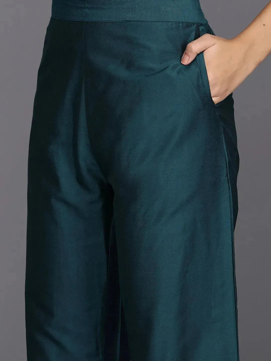 Blue Yoke Design Silk Blend Straight Suit With Dupatta