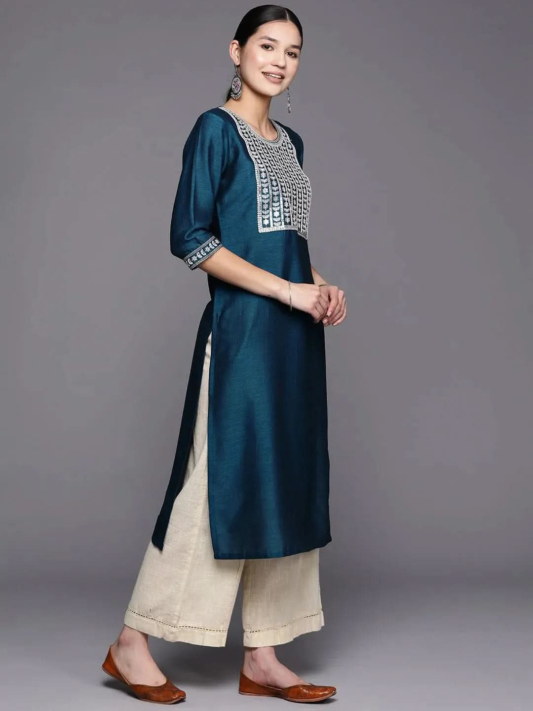 Blue Yoke Design Silk Straight Kurta - Libas