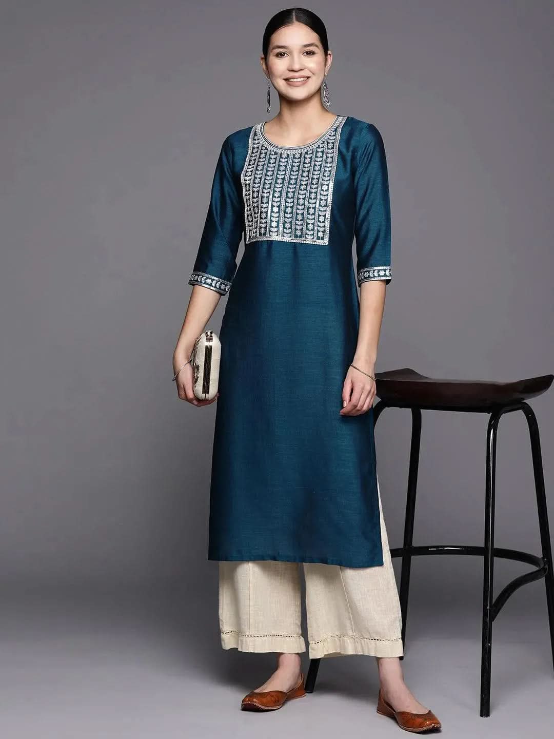 Blue Yoke Design Silk Straight Kurta - Libas
