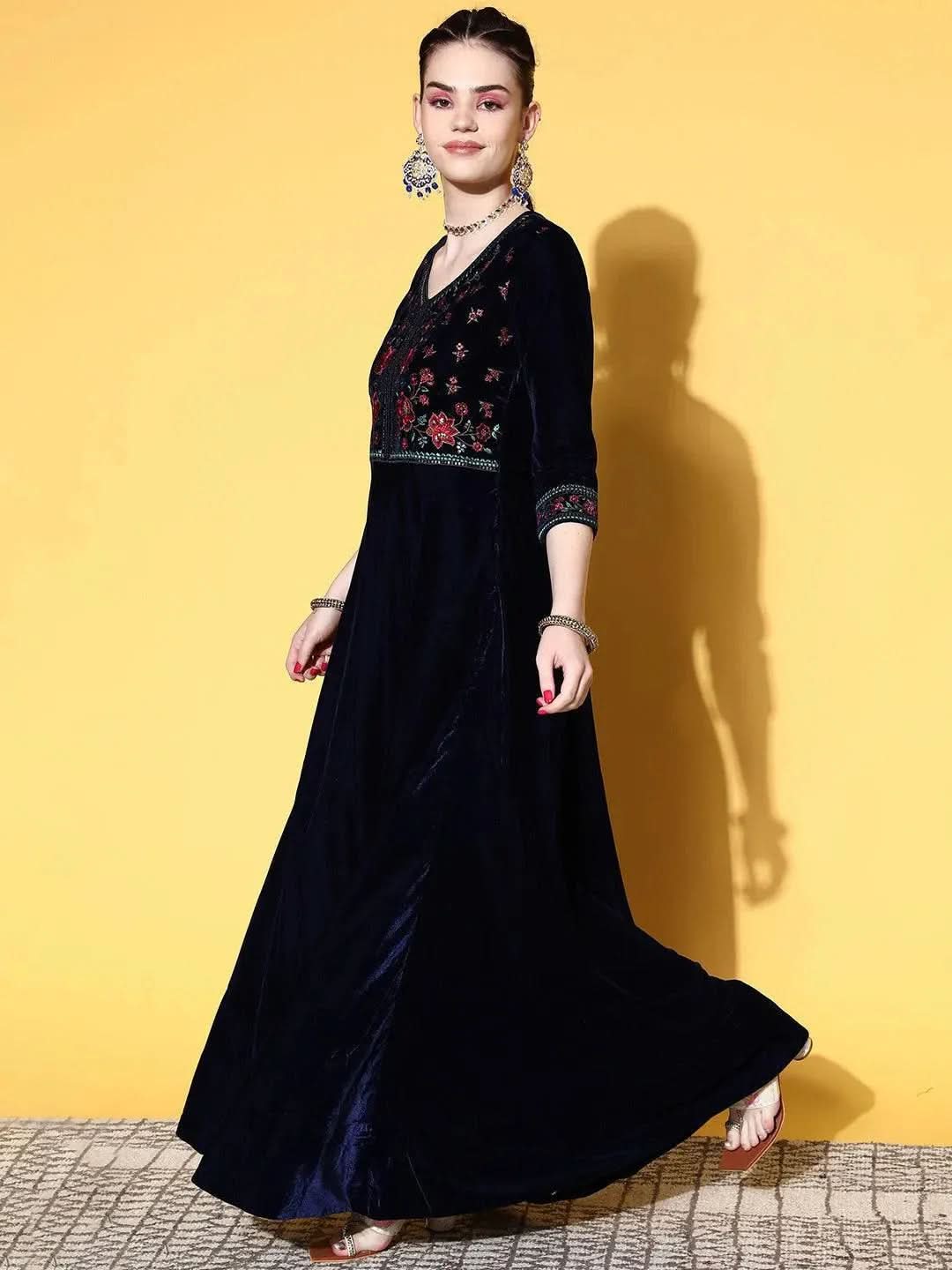 Blue Yoke Design Velvet Anarkali Suit Set - Libas