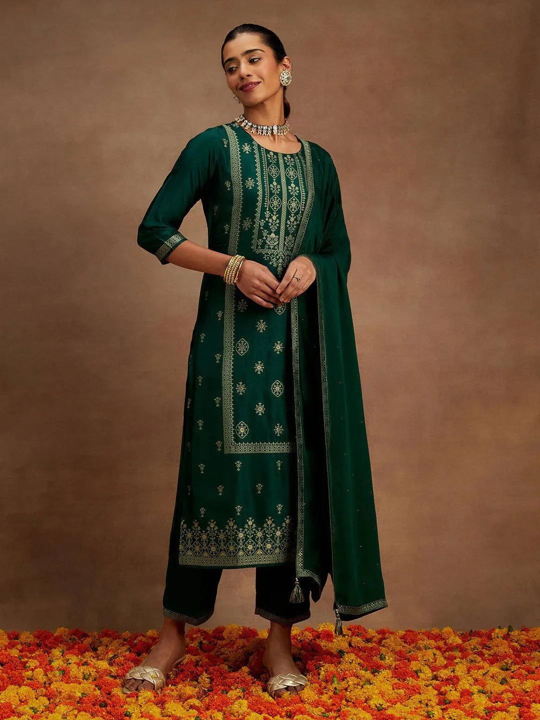 Bottle Green Woven Design Silk Blend Straight Kurta With Trousers & Dupatta - Libas