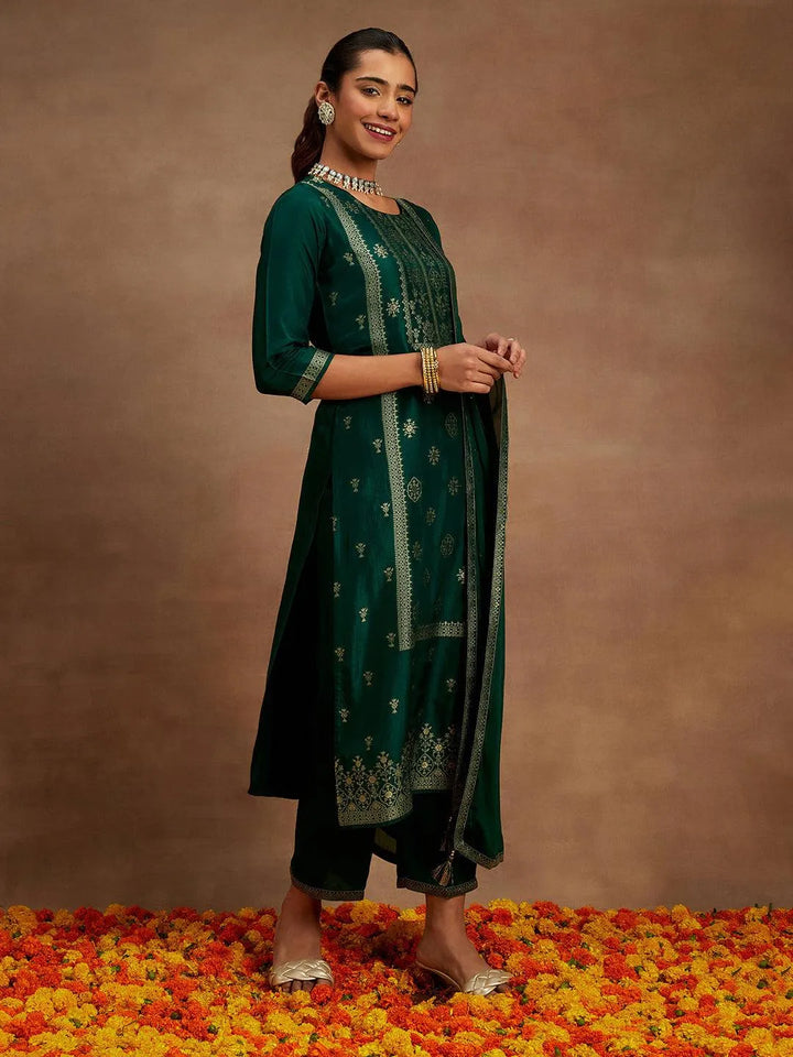 Bottle Green Woven Design Silk Blend Straight Kurta With Trousers & Dupatta - Libas