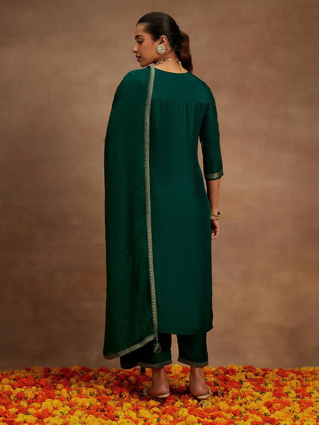 Bottle Green Woven Design Silk Blend Straight Kurta With Trousers & Dupatta - Libas