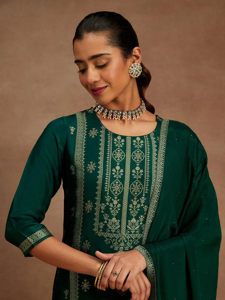 Bottle Green Woven Design Silk Blend Straight Kurta With Trousers & Dupatta - Libas