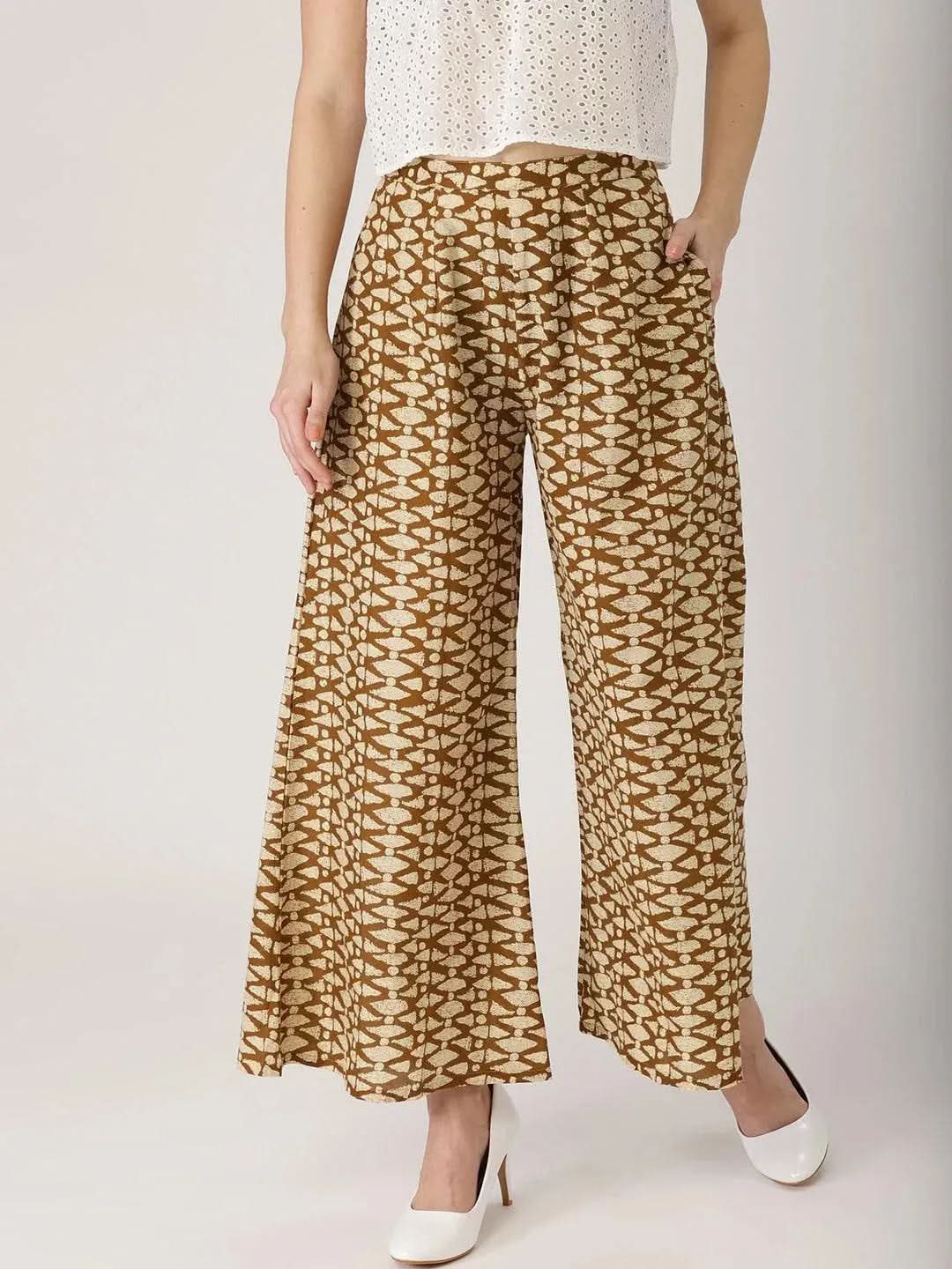 Brown Abstract Cotton Palazzos - Libas