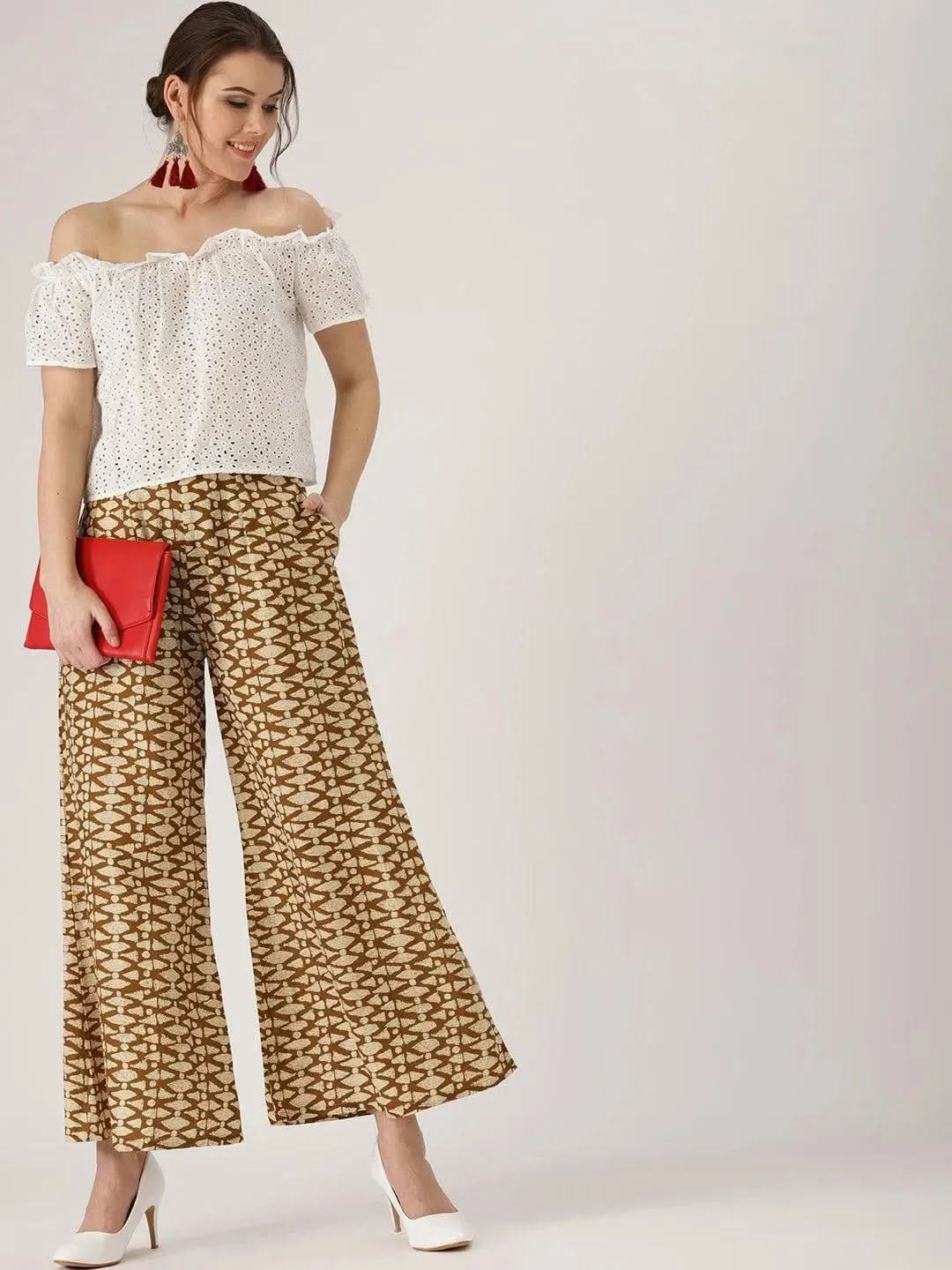 Brown Abstract Cotton Palazzos - Libas