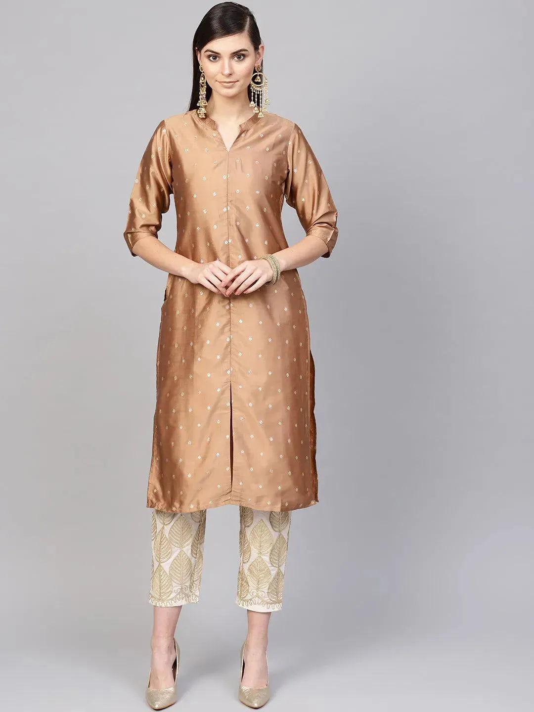 Brown Embroidered Polyester Straight Kurta With Trousers
Brown Embroidered Polyester Straight Kurta With Trousers