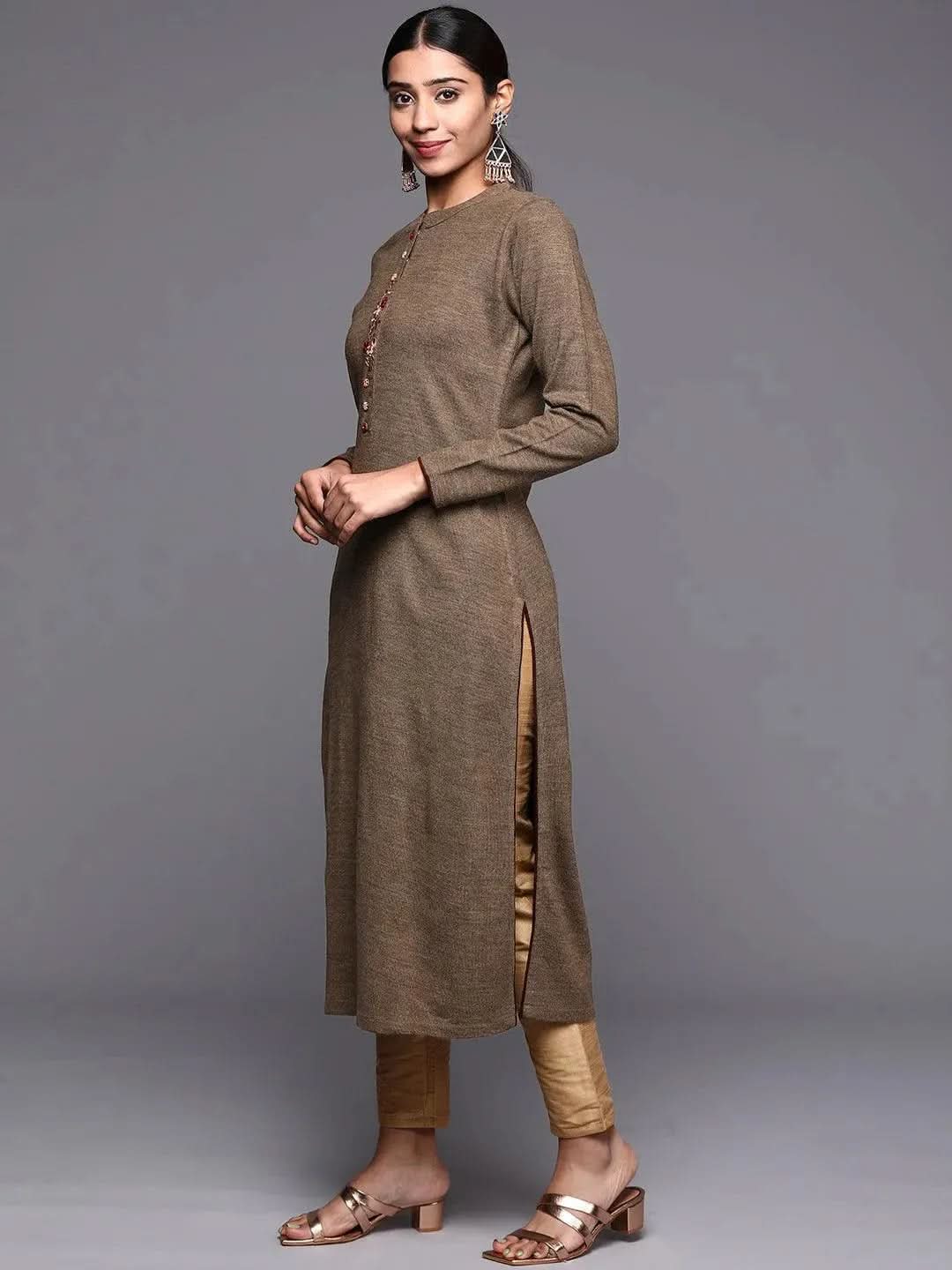 Brown Embroidered Wool Straight Kurta - Libas