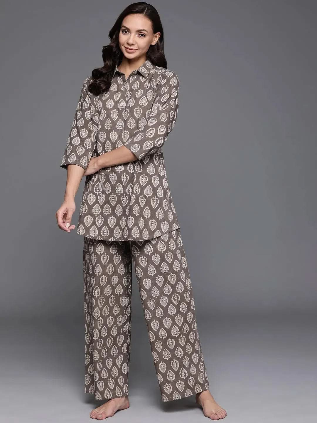 Brown Printed Cotton Night Suit - Libas