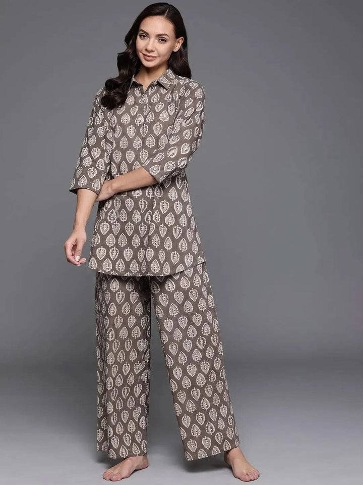 Brown Printed Cotton Night Suit - Libas