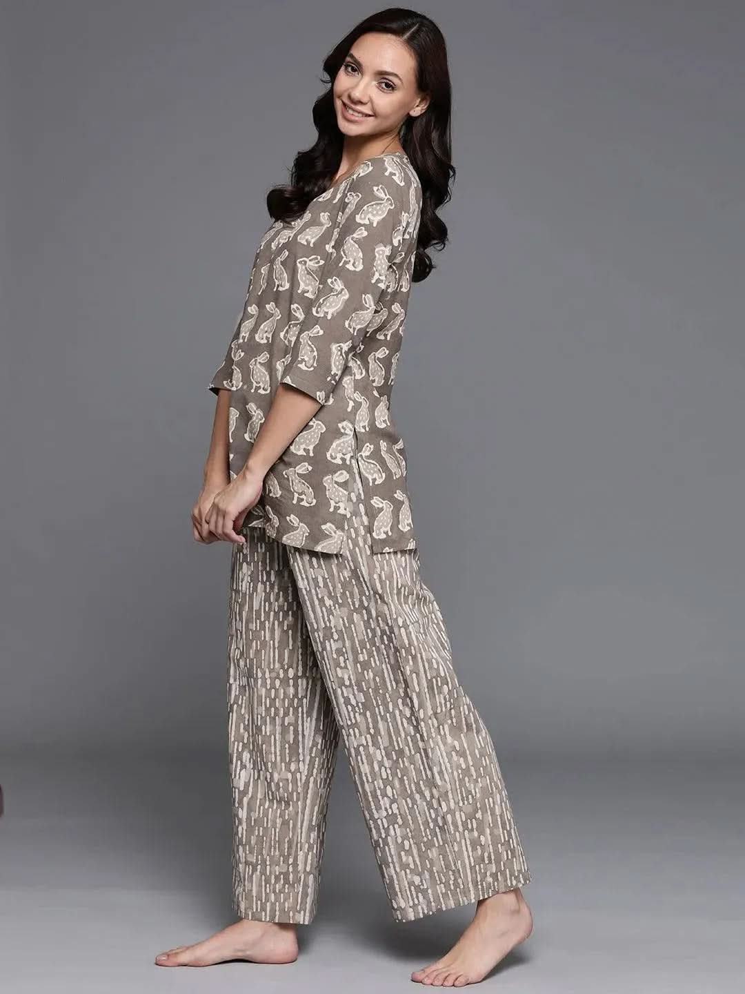Brown Printed Cotton Night Suit - Libas