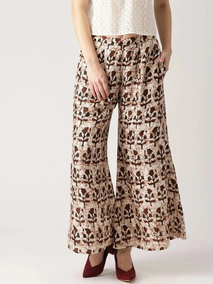 Brown Printed Cotton Palazzos - Libas