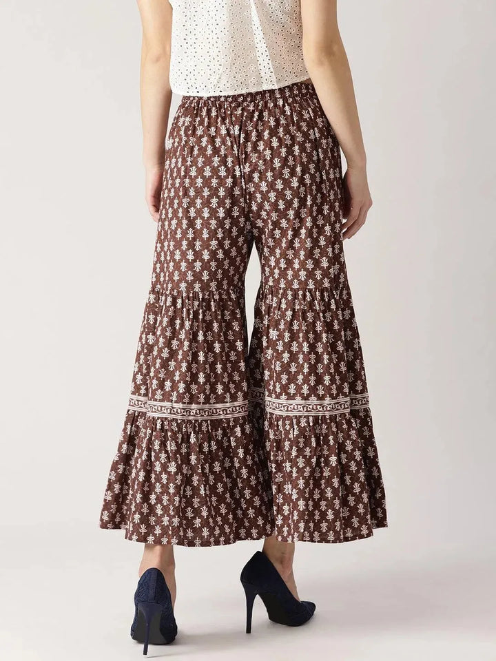 Brown Printed Cotton Sharara Pants - Libas