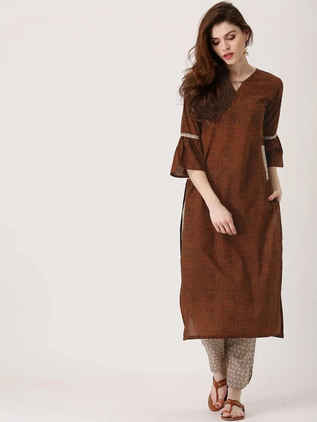 Brown Printed Cotton Kurta Set - Libas