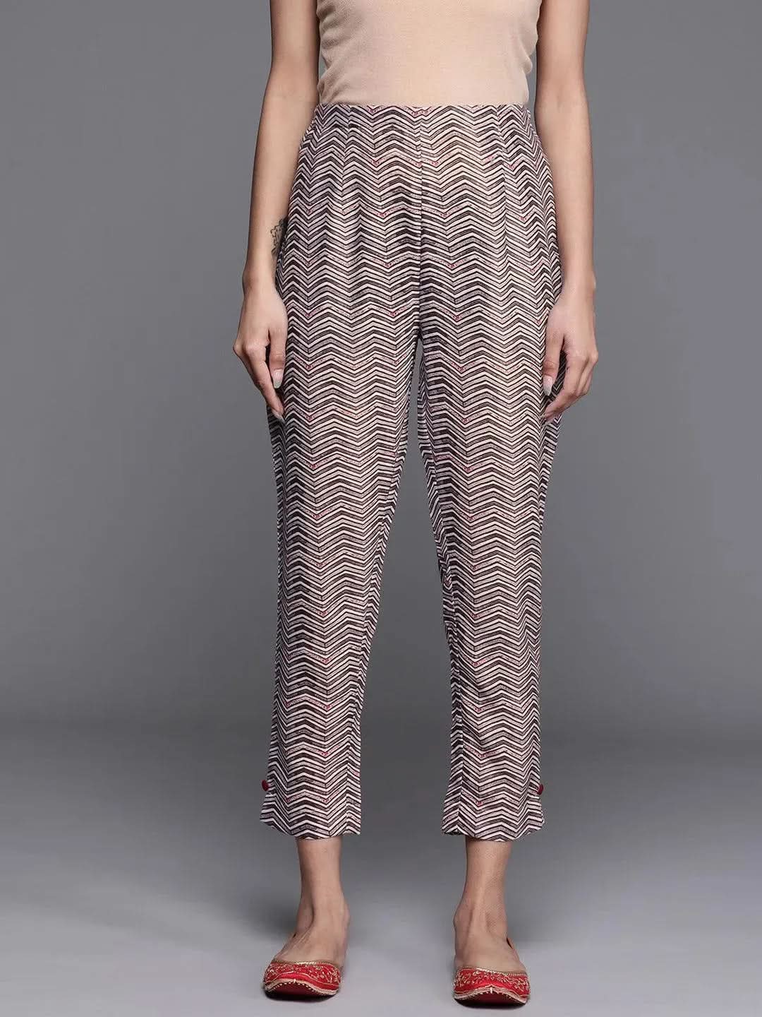 Brown Printed Cotton Trousers - Libas
