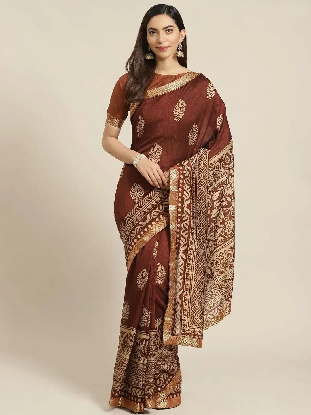 Brown Printed Polyester Saree - Libas