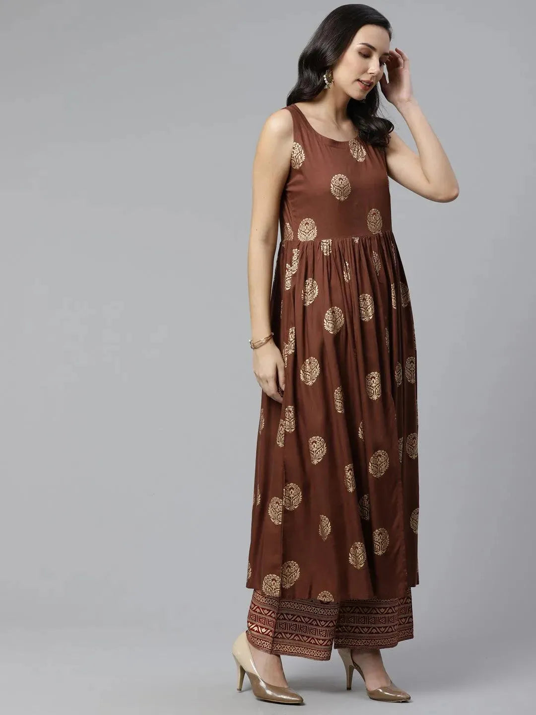 Brown Printed Rayon A-Line Kurta With Palazzos
Brown Printed Rayon A-Line Kurta With Palazzos