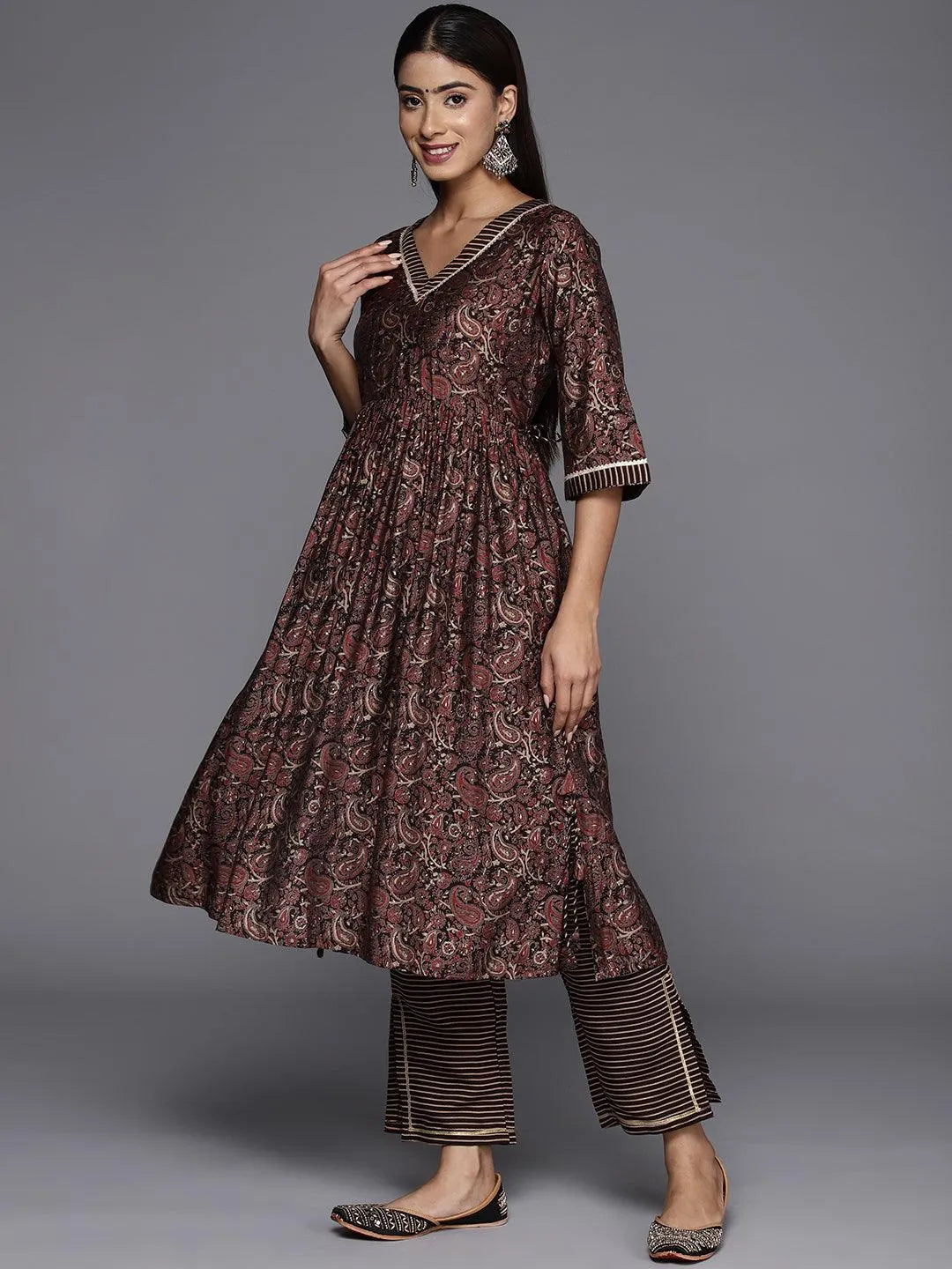Brown Printed Silk Blend A-Line Kurta With Trousers & Dupatta - Libas