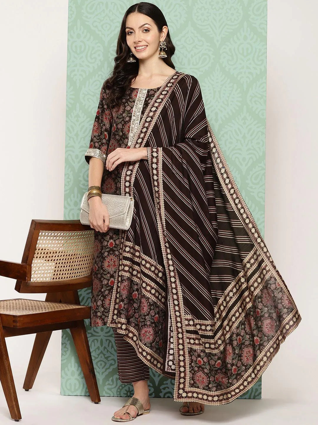 Brown Printed Silk Blend Straight Kurta With Trousers & Dupatta Online at Rs.2159 | Libas
