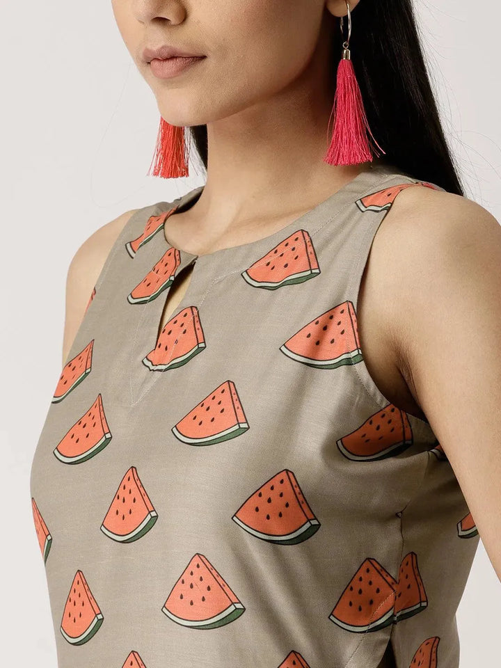 Brown Printed Silk Dress - Libas